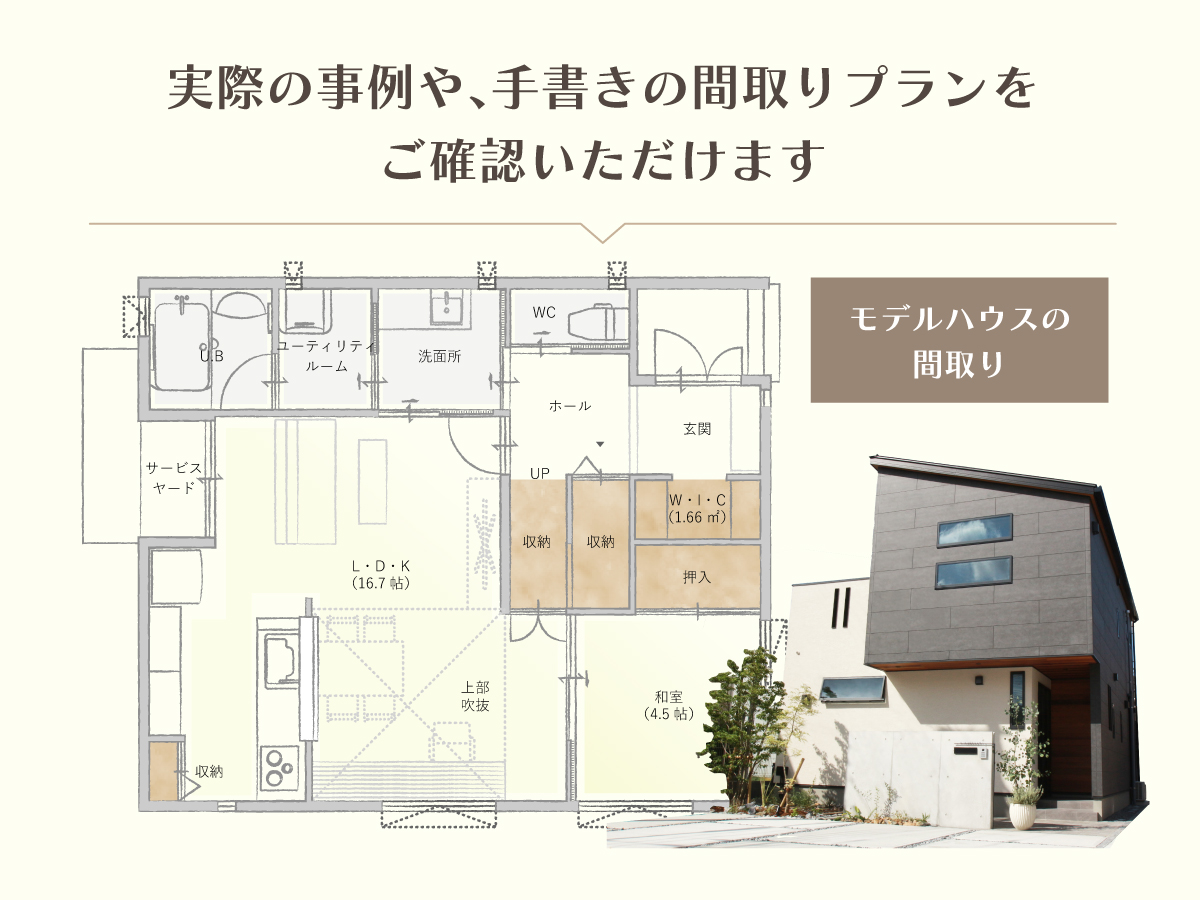 実際の事例や、手書きの間取りプランをご確認いただけます。